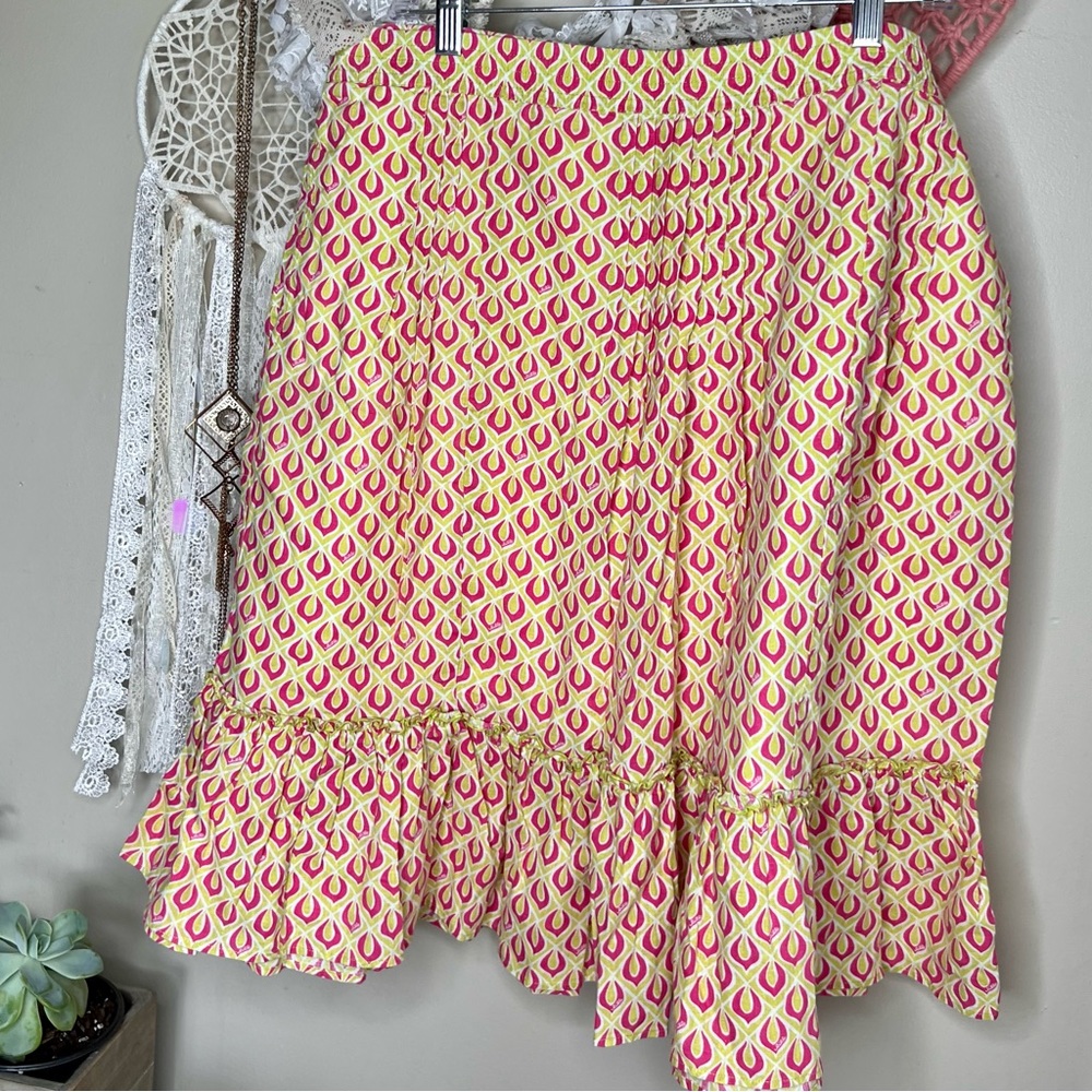 Lilly Pulitzer Peach/Green Pintuck, white lined Elastic Waist MIDI Skirt - Picture 6 of 14